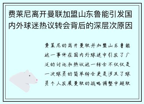 费莱尼离开曼联加盟山东鲁能引发国内外球迷热议转会背后的深层次原因