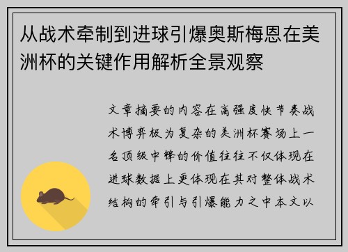 从战术牵制到进球引爆奥斯梅恩在美洲杯的关键作用解析全景观察