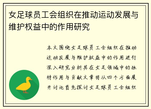 女足球员工会组织在推动运动发展与维护权益中的作用研究